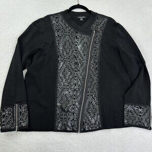 Timeless Naeem Khan Women's Faux Leather Trim Zip Sweater Jacket Size 3x Black